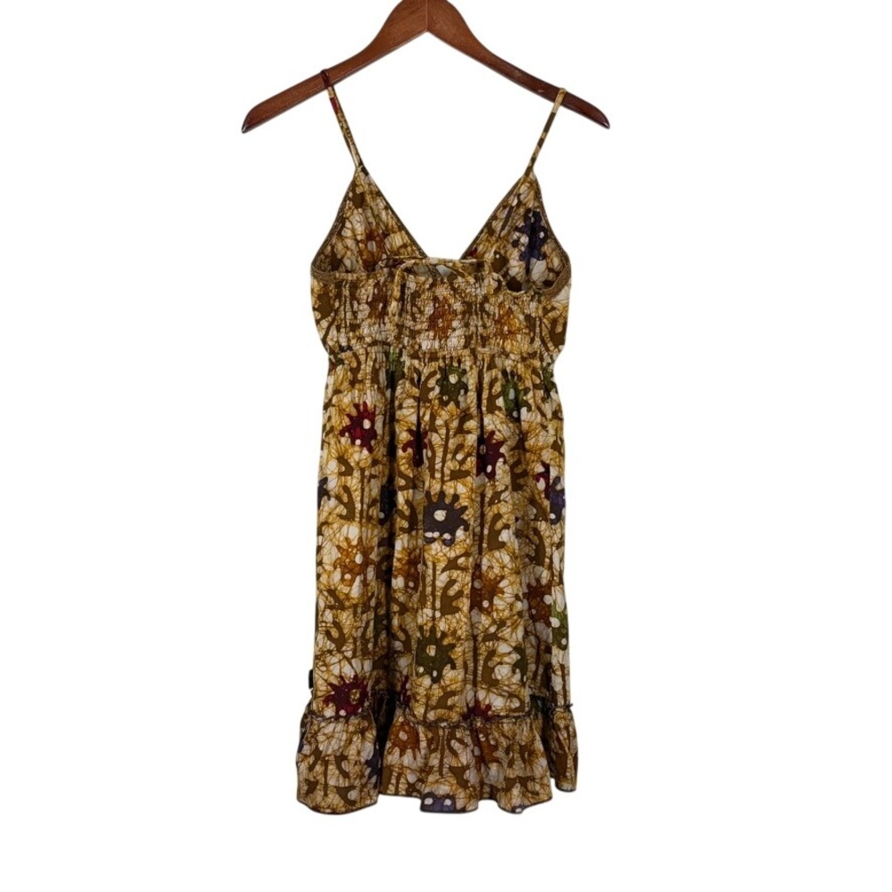 Mishu Womens Batic Babydoll Mini Dress XS Brown Boho Festival Cotton Smocked - Picture 2 of 11